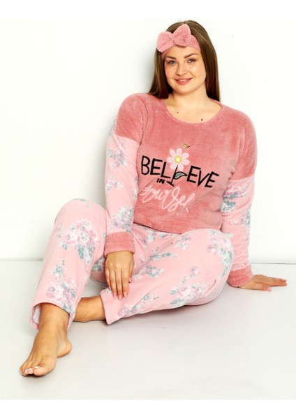 Büyük Beden Peluş Polar Pijama Takımı- Saç Bandı Hediyeli
