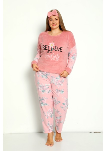 Büyük Beden Peluş Polar Pijama Takımı- Saç Bandı Hediyeli