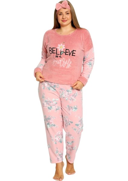 Büyük Beden Peluş Polar Pijama Takımı- Saç Bandı Hediyeli fırsatları