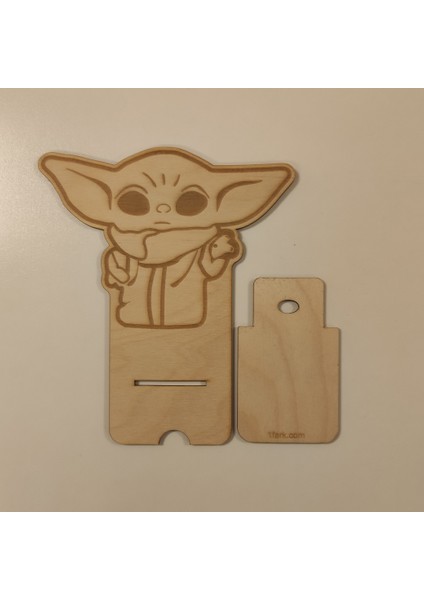 Ahşap Masaüstü Figürlü Telefon Standı - Telefon Tutucu - Star Wars - Baby Yoda - Grogu - Beyaz