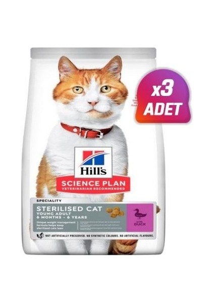 3 Adet - Young Sterilised Ördekli Kısırlaştırılmış Kedi Maması 3 kg