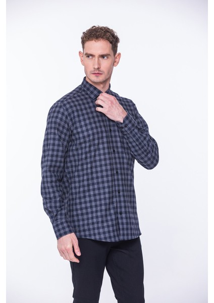 Erkek Klasik Uzun Kol Kışlık Ekoseli Oduncu Yaka Altı Düğmeli Pamuklu Hediye Kutulu Gömlek M526 - Antrasit modelleri