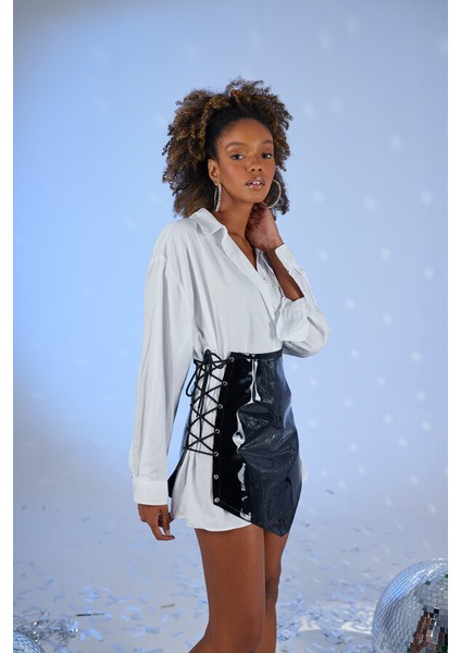 Kuşgözü Detaylı Rugan Vinly Etek Siyah fiyatları