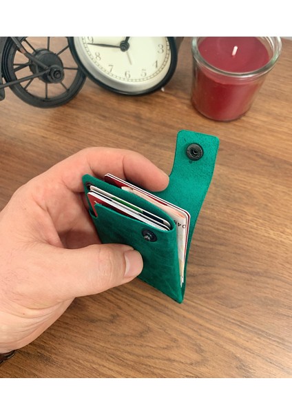 El Yapımı Deri 2 Bölmeli Çıtçıtlı Minimal Kartlık Cüzdan