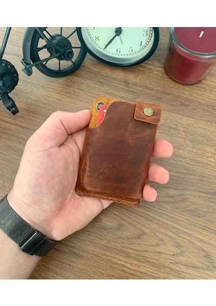 El Yapımı Deri 2 Bölmeli Çıtçıtlı Minimal Kartlık Cüzdan
