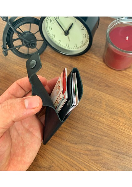 El Yapımı Deri 2 Bölmeli Çıtçıtlı Minimal Kartlık Cüzdan