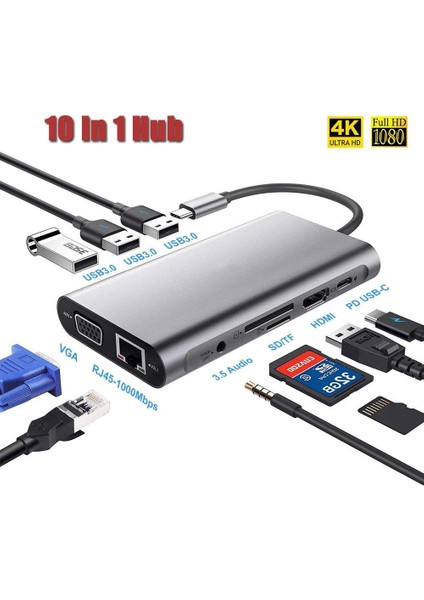 Type-C To USB 3.0 Çoklayıcı 10 Port RJ45 Ethernet 4K HDMI VGA Sd Kart Okuyucu