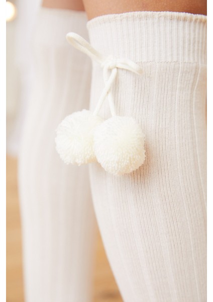 Ponpon Kız Çocuk Dizüstü Çorap Ekru fiyatları