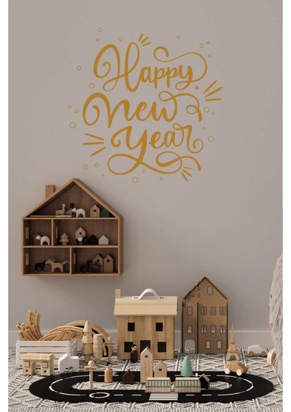 Lizpo Decor Happy New Year Temalı Vitrin Cam Sticker Dekorasyon 55 x 55 Gold Model 2