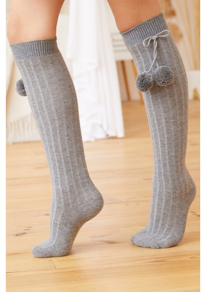 Ponpon Kız Çocuk Dizüstü Çorap Gri
