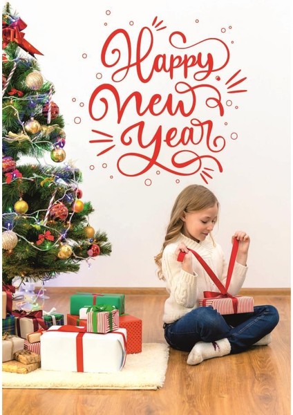 Lizpo Decor Happy New Year Temalı Vitrin Cam Sticker Dekorasyon 55 x 55 Kırmızı Model 2