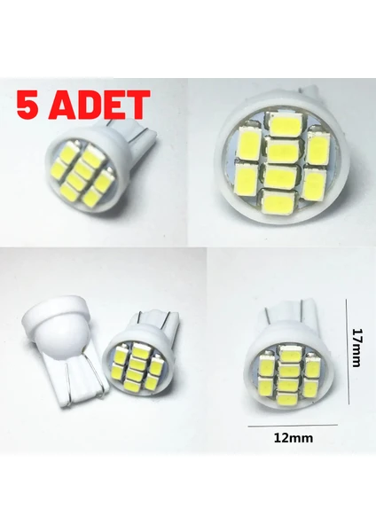 T10 LED Dipsiz ( 5 Adet) W5W 8 Ledli Beyaz Park Tavan Plaka Ampulü Uyumlu T10 8 Ledli