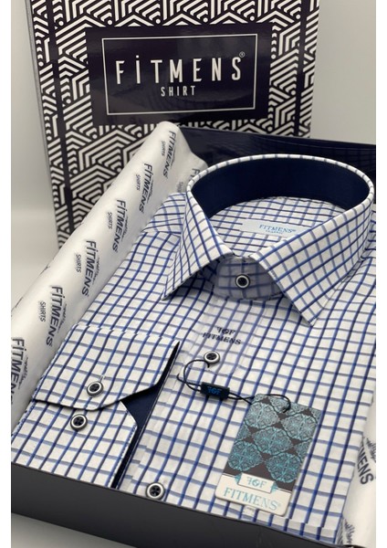 Erkek Klasik Uzun Kol Renkli Kareli Hediye Kutulu Gömlek - Beyaz Lacivert