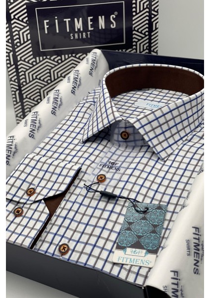 Erkek Klasik Uzun Kol Renkli Kareli Hediye Kutulu Gömlek - Beyaz Kahve