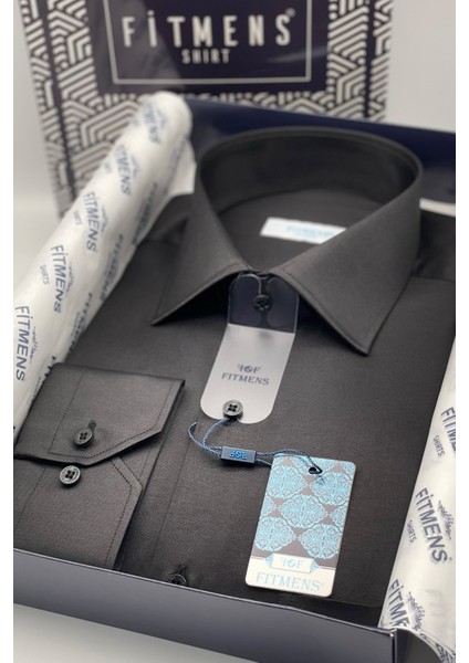 Erkek Klasik Uzun Kol Gold Saten Hediye Kutulu Gömlek - Siyah