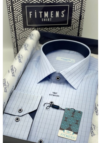 Erkek Klasik Uzun Kol Kare Çizgili Hediye Kutulu Gömlek - Mavi