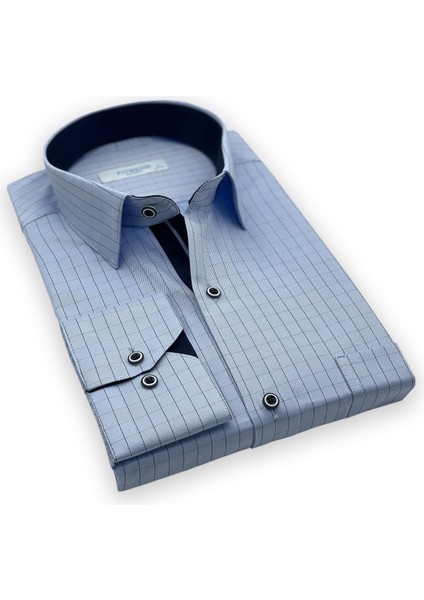 Erkek Klasik Uzun Kol Kare Çizgili Hediye Kutulu Gömlek - Mavi fiyatları