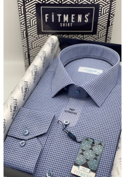 Erkek Klasik Uzun Kol Kare Armür Desenli Hediye Kutulu Gömlek - Saks Mavi