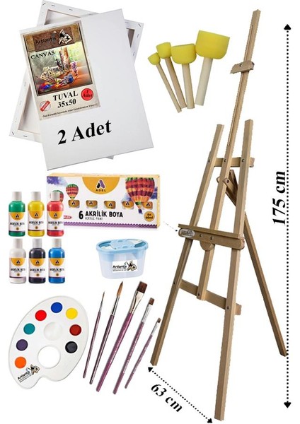Akrilik Boya Resim Başlangıç Seti Adel 12 Renk Akrilik Boya Şövalye 2 Tuval 35X50 Fırça Spatula Şövale