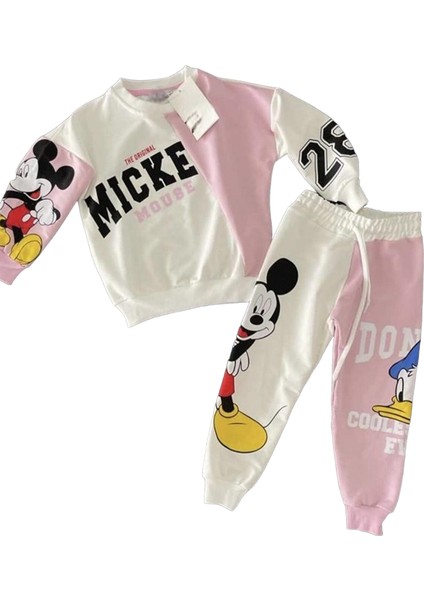Kız Çocuk Mickey Baskılı Pastel Pembe Ekru Renk Geçişli Alt Üst Takım