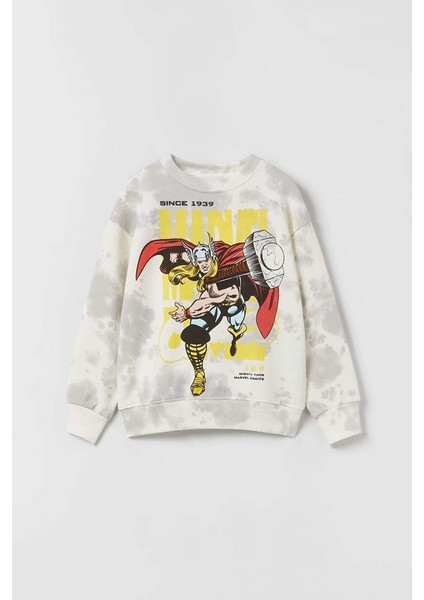 Erkek Çocuk Thor Marvel Beyaz Pamuklu 3 Iplik Sweatshirt Eşofman Alt-Üst Takım