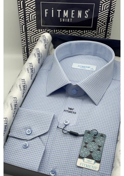 Erkek Klasik Uzun Kol Kare Armür Desenli Hediye Kutulu Gömlek - Açık Mavi