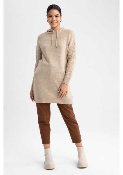 Regular Fit Kapüşonlu Uzun Kollu Örgü Desenli Triko Tunik W0610AZ22WN fiyatları