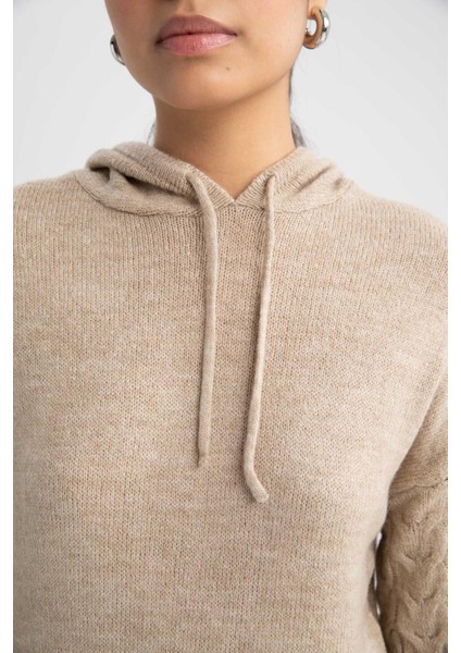 Regular Fit Kapüşonlu Uzun Kollu Örgü Desenli Triko Tunik W0610AZ22WN indirimleri