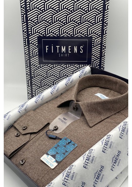 Erkek Klasik Uzun Kol Kışlık Balıksırtı Oduncu Yaka Altı Düğmeli Pamuklu Hediye Kutulu Gömlek - Kahverengi