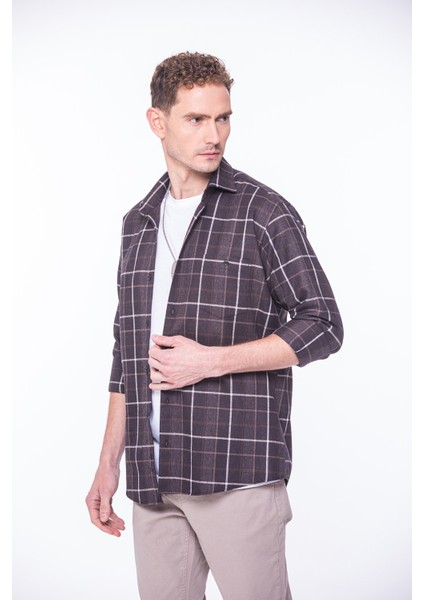 Erkek Klasik Uzun Kol Kışlık Ekoseli Oduncu Yaka Altı Düğmeli Pamuklu Hediye Kutulu Gömlek M523 - Kahverengi