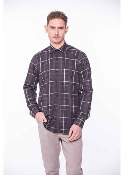 Erkek Klasik Uzun Kol Kışlık Ekoseli Oduncu Yaka Altı Düğmeli Pamuklu Hediye Kutulu Gömlek M523 - Kahverengi fiyatları