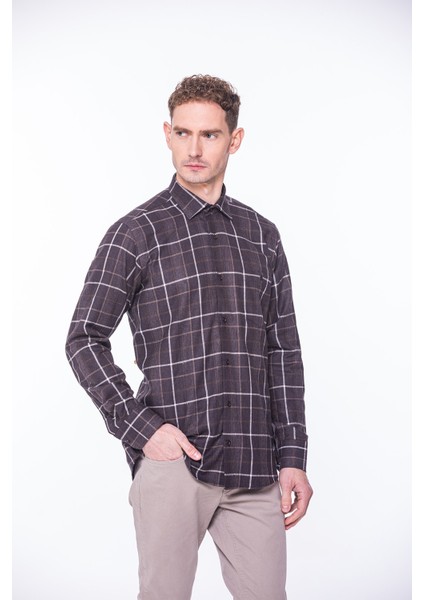 Erkek Klasik Uzun Kol Kışlık Ekoseli Oduncu Yaka Altı Düğmeli Pamuklu Hediye Kutulu Gömlek M523 - Kahverengi modelleri