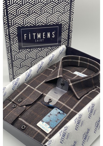 Erkek Klasik Uzun Kol Kışlık Ekoseli Oduncu Yaka Altı Düğmeli Pamuklu Hediye Kutulu Gömlek M523 - Kahverengi indirimleri