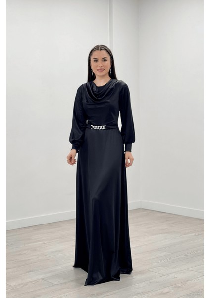 Saten Kumaş Degaje Yaka Abiye Elbise - Siyah