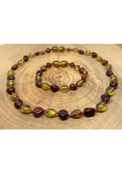 Damla Kehribar Yeşil Kırmızı Renk Bebek Kolye Bileklik Set