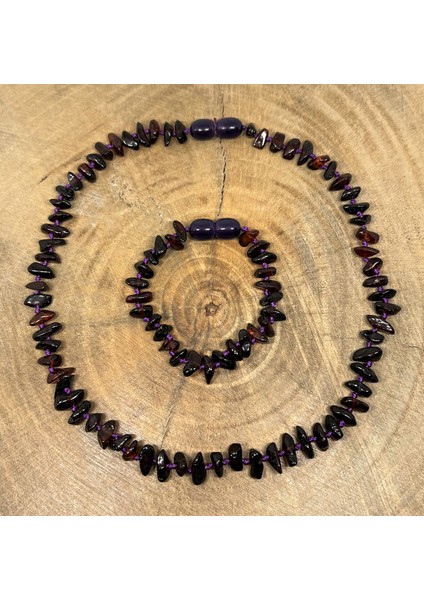 Damla Kehribar Vişne Renk Uzun Kesim Bebek Kolye Bileklik Set