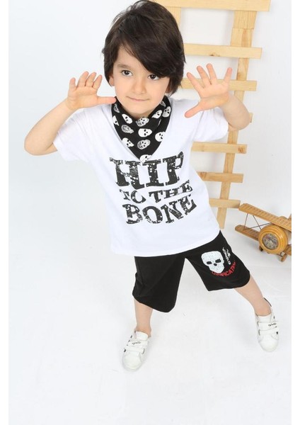 Erkek Çocuk Siyah Beyaz Hip To The Bone Baskılı T-Shirt Şort Alt Üst Takım Bandana Dahil 3'lü Set