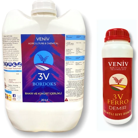 Veniv 3V Bordoks Hazır Bordo Bulamacı 20 Lt  - (Konsantre Kireç Katkılı + %10 Bakır Sülfat + %0,1 Kükürt)+ Veniv 3V Ferro Demir 1 Lt Hediye