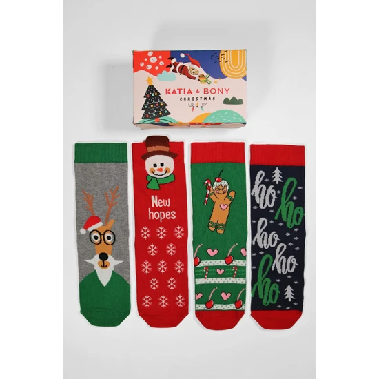 Katia&Bony 4'lü Paket Christmas Box Art Unisex Soket Çorap Desenli