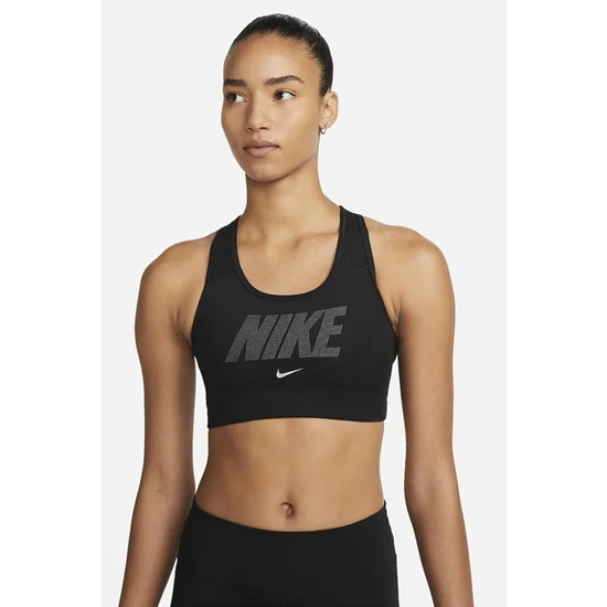 Nike Swoosh Orta Destekli Dolgusuz Metalik Grafikli Siyah Kadın Spor Sütyeni