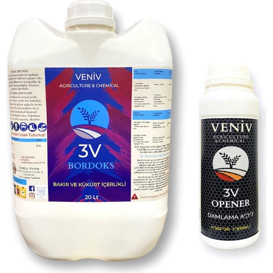 Veniv 3V Bordoks Hazır Bordo Bulamacı 20 Lt (30 Kg) - (Konsantre Kireç Katkılı + %10 Bakır Sülfat + %0,1 Kükürt)+ Veniv 3V Opener Damlama Açıcı 1 Lt -Fosfor Içerikli