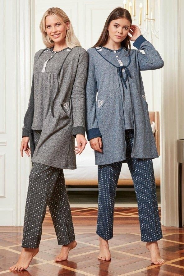 Bone Club 4602 Füme Jakar Dentel Hamile Lohusa Spor 3 Lü Pijama Sabahl