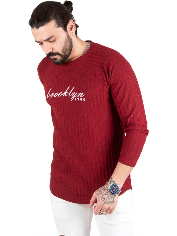 DeepSEA Bordo Eteği Oval Kesim Bisiklet Yaka Önü Yazı Baskılı Triko Erkek Sweatshirt 1808072