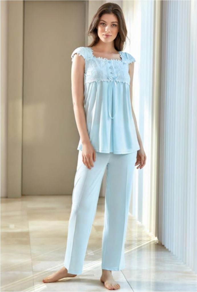 Bone Club 4520 Turkuaz Hamile Lohusa Dantelli Lohusa Pijama Takımı görsel 3