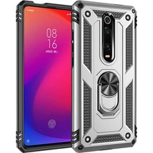 Case 4U Xiaomi Mi 9T Kılıf Çift Katmanlı Yüzüklü Manyetik Vega Kapak Gümüş