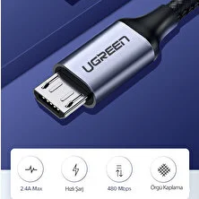 Ugreen Micro USB Örgülü Data ve Şarj Kablosu Beyaz 1 Metre