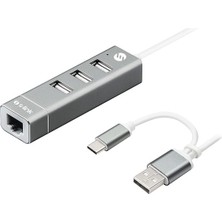 S-Link Swapp SW-U222 Type-C To 10/100MBPS-3 Port Usb3.0 Ethernet Adaptör