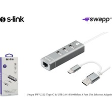 S-Link Swapp SW-U222 Type-C To 10/100MBPS-3 Port Usb3.0 Ethernet Adaptör