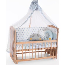 Bamgidoo Ahşap Organik Beşik Anne Yanı Beşik 3 Kademeli Lüx Bebek Beşiği 60 x 120 cm - Mavi Yıldız Uyku Setli & Soft Yataklı