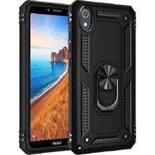 Teknogrup Xiaomi Redmi 7A Kılıf Çift Katmanlı Yüzüklü Manyetik Vega Kapak - Siyah + Tam Kaplayan 5D Cam